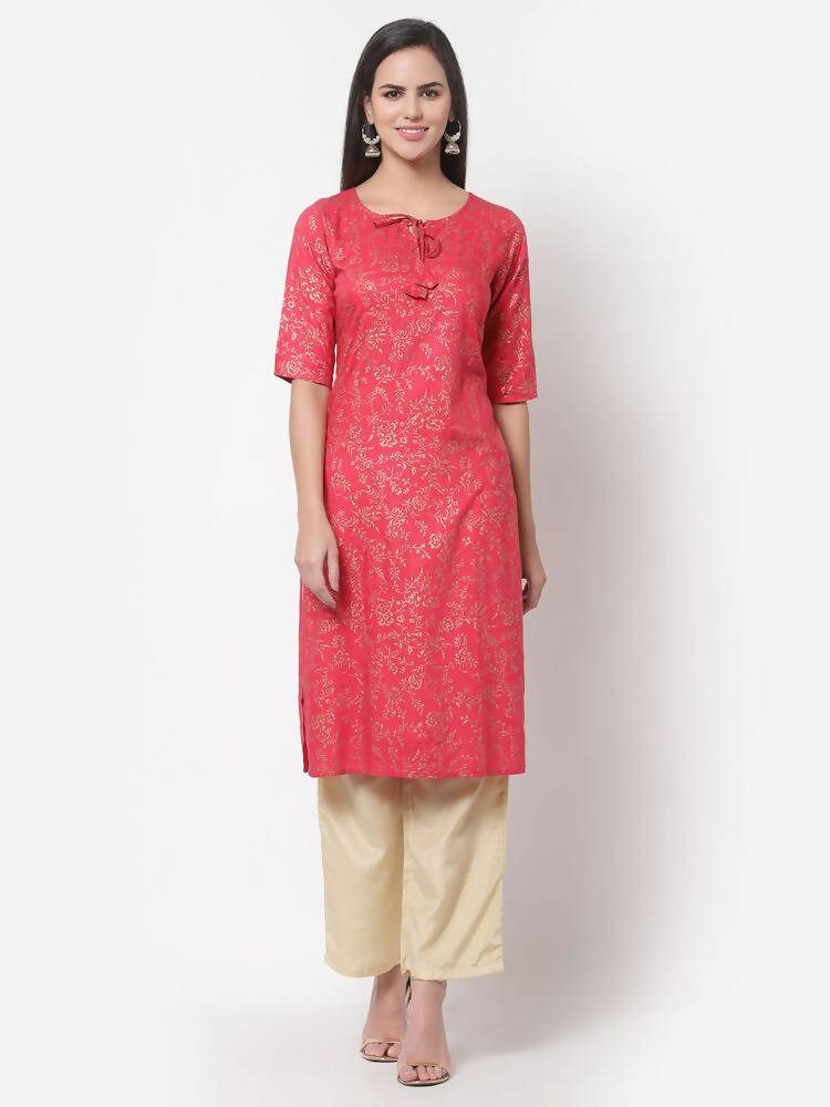 Myshka Women's Pink Rayon Printed Regular Sleeves Round Neck Casual Kurta