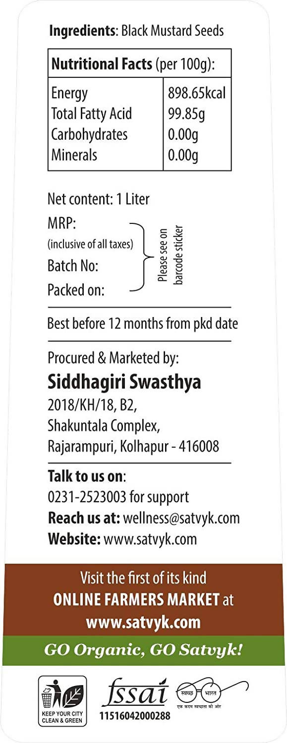 Siddhagiri's Satvyk Organic Wood pressed Yellow Mustard Oil (Sarso) 