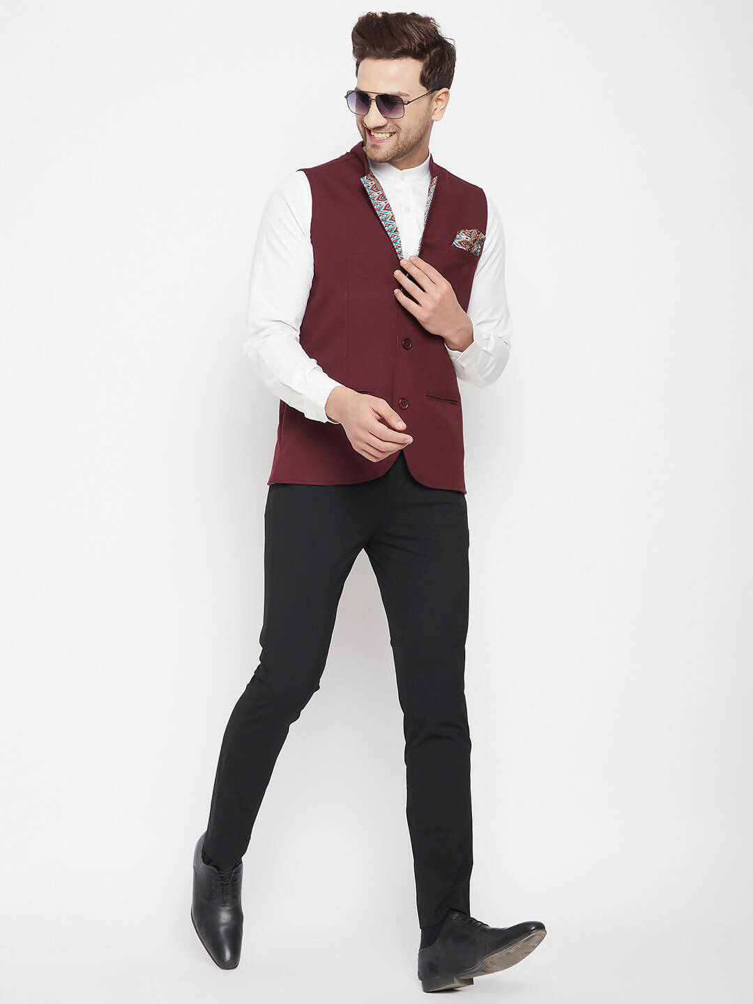 Even Apparels Maroon Merino Men's Nehru Jacket-Contrast Lining-Inbuilt Pocket Square - Distacart