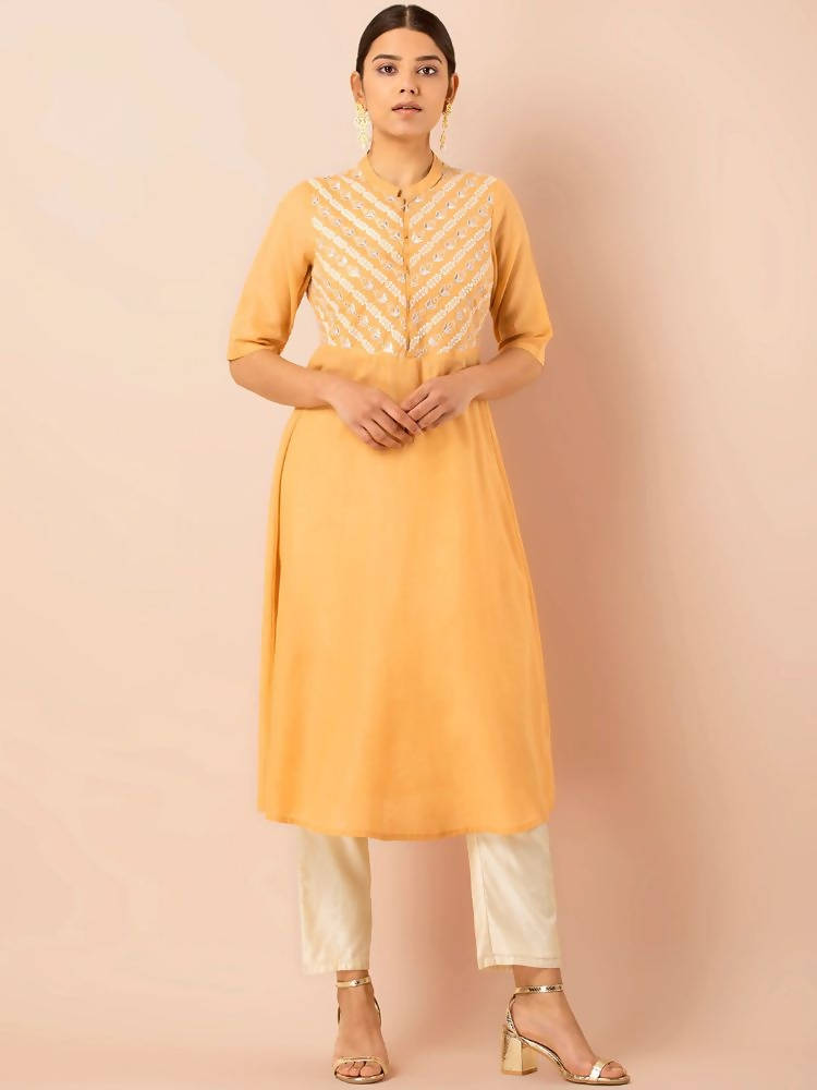 Indya Women Yellow Embroidered A-Line Kurta - Distacart