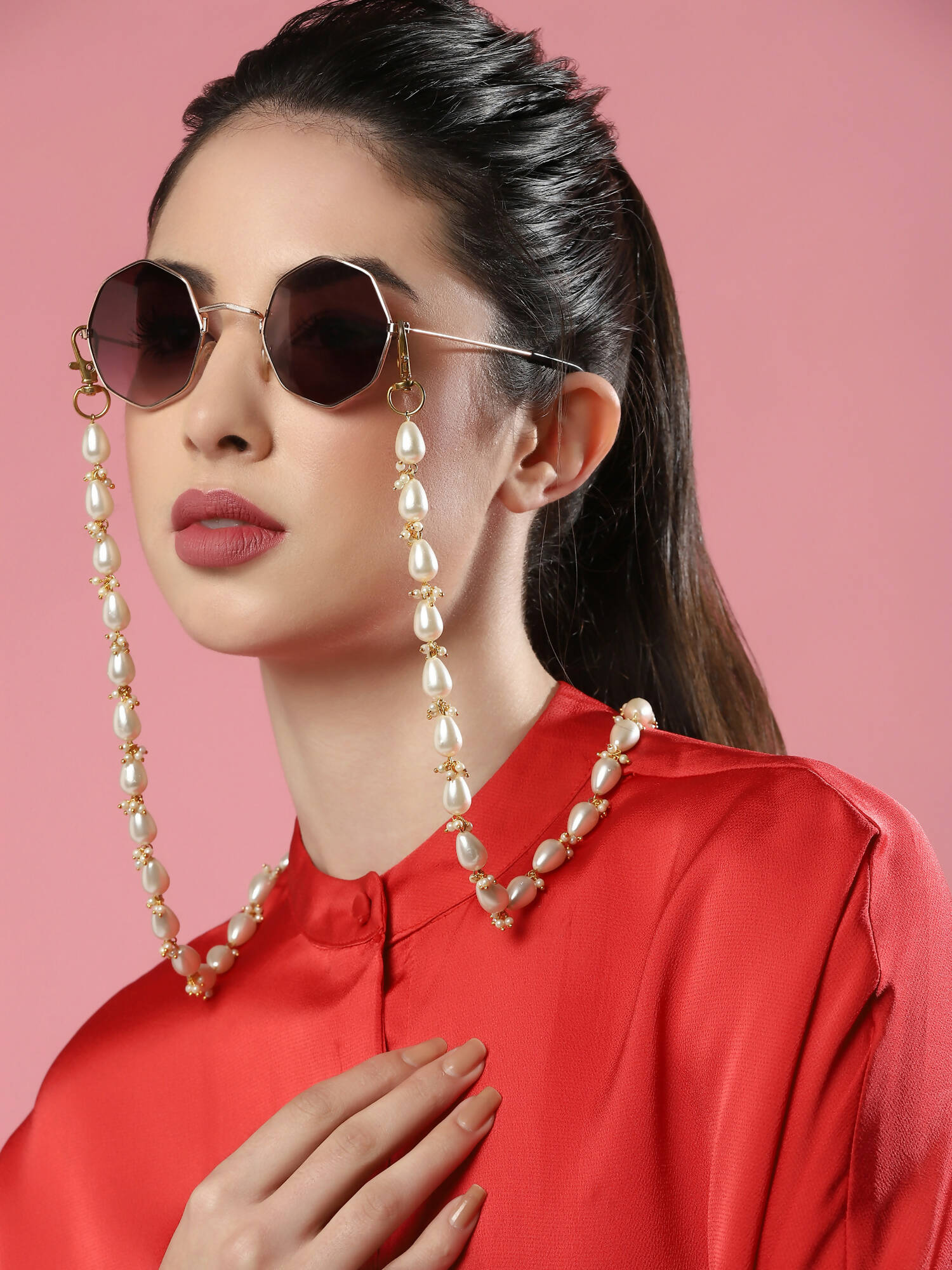 Gold-Toned White Embellished Mask Chain - Ruby Raang - Distacart