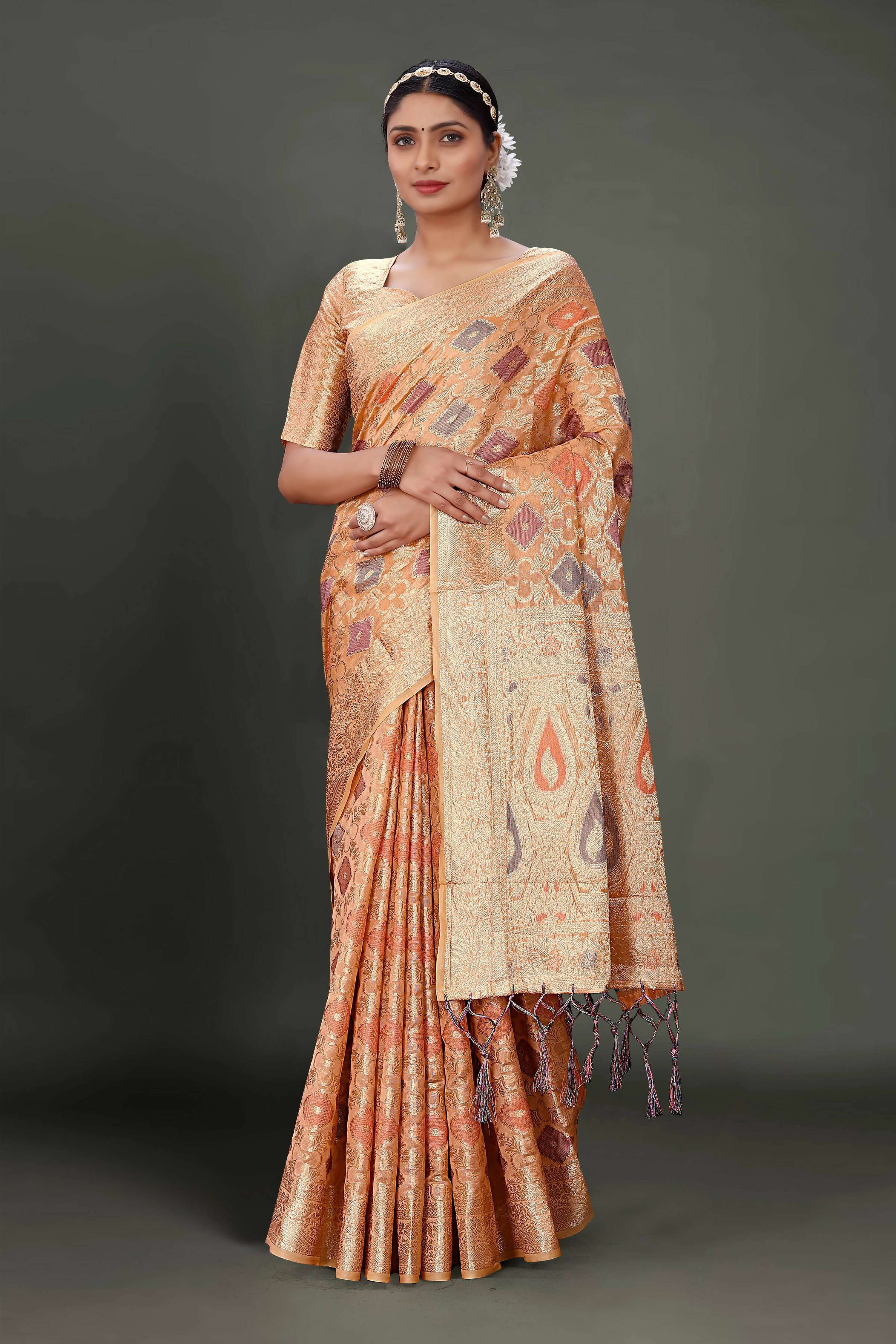 Peach Soft Organza Woven Design Saree With Unstitched Blouse Piece - Zaara - Distacart