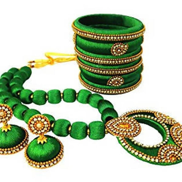 Green Color Silk Threaded Necklace Set, Earrings and Bangles Set of 2
