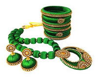 Thumbnail for Green Color Silk Threaded Necklace Set, Earrings and Bangles Set of 2