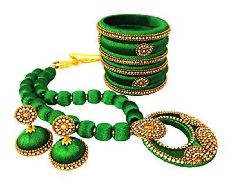 Green Color Silk Threaded Necklace Set, Earrings and Bangles Set of 2