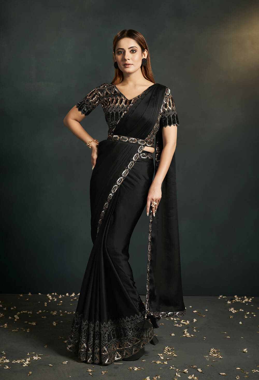 Black Satin Silk Crepe Cord Sequence & Thread Embroidered & Stone Work Saree - Moh-Manthan Royal Enigma - Distacart