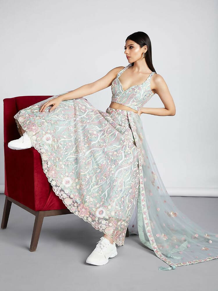 House of Panchhi Lime Green Net Sequins And Thread Embroidery Lehenga Choli & Dupatta - Distacart