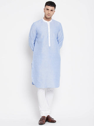 Even Apparels Blue Color Pure Cotton Men's Kurta With Contrast Collar And Placket - Distacart