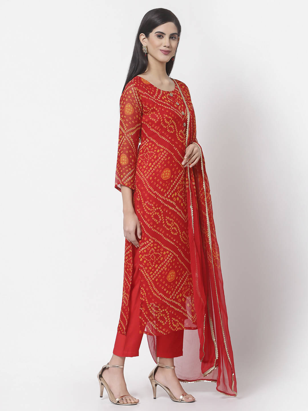 Myshka Women Red Georgette Printed 3/4 Sleeve Round Neck Kurta Pant Dupatta Set