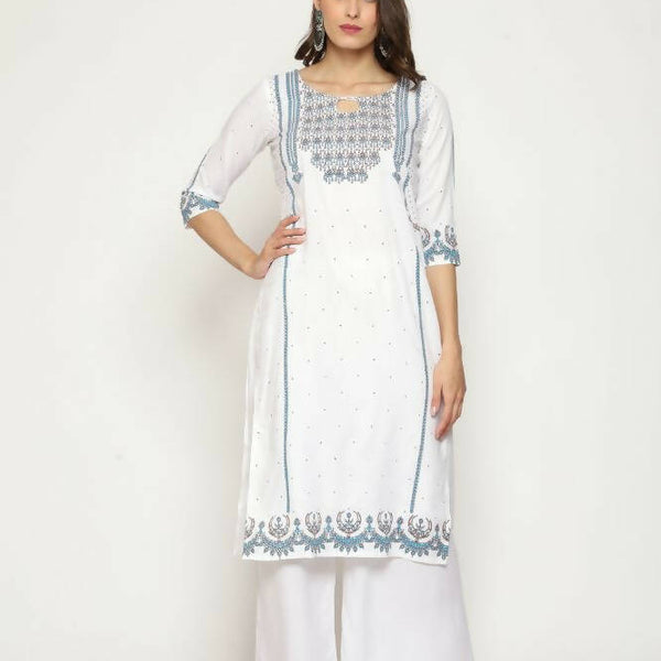 Maai Rayon Hand Printed Kurta Off-White - Distacart
