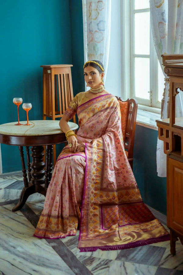 Vishnu Weaves Women's Baby Pink Patola Banarasi Silk Meenakari Zari Woven Saree with Blouse - Distacart