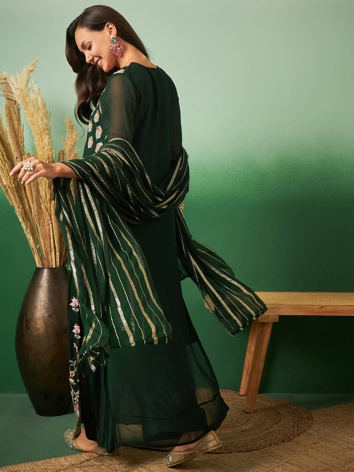 Green Georgette Handwork Unstitched Dress Material - Hanika - Distacart