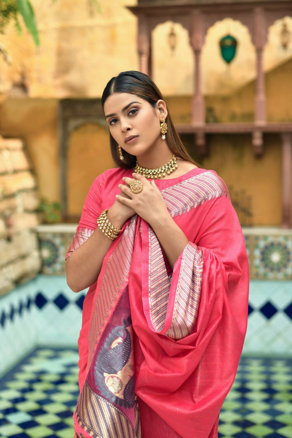 Vishnu Weaves Women's Rani Pink Cotton Silk Zari Woven Butta Work Saree with Blouse - Distacart