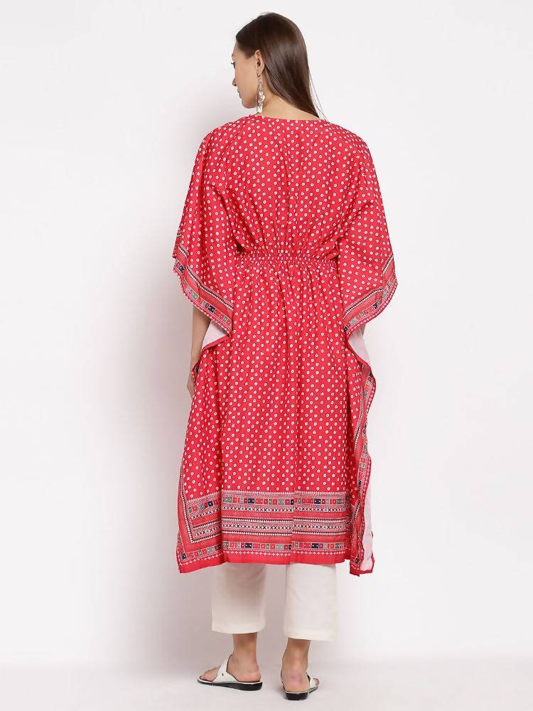 Myshka Women's Red Cotton Printed 3/4 Sleeve V Neck Casual Kaftan