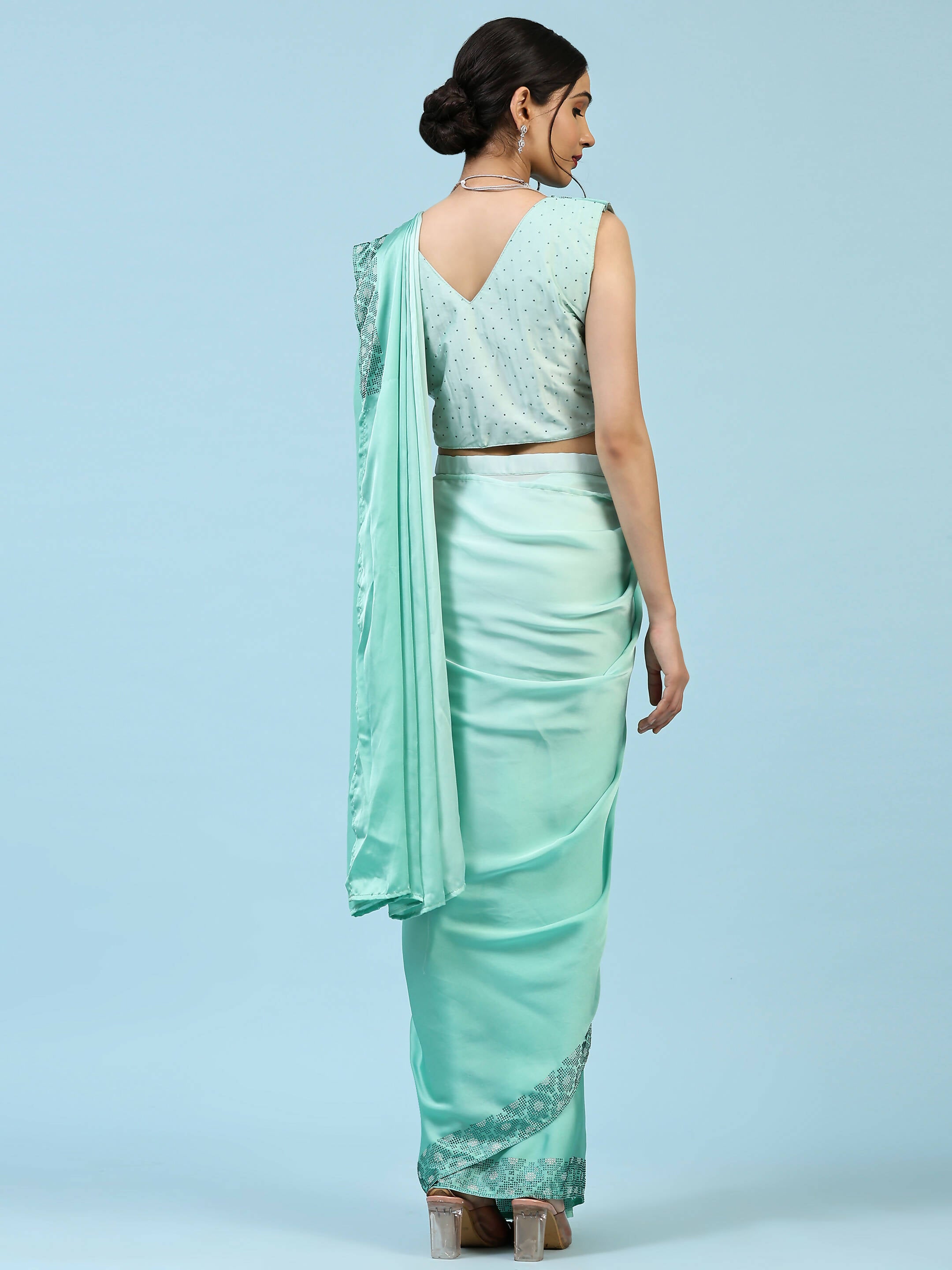 Sea Green Ombre Satin Georgette Plain Ready to wear Saree with stitched Blouse - Vrinda - Distacart