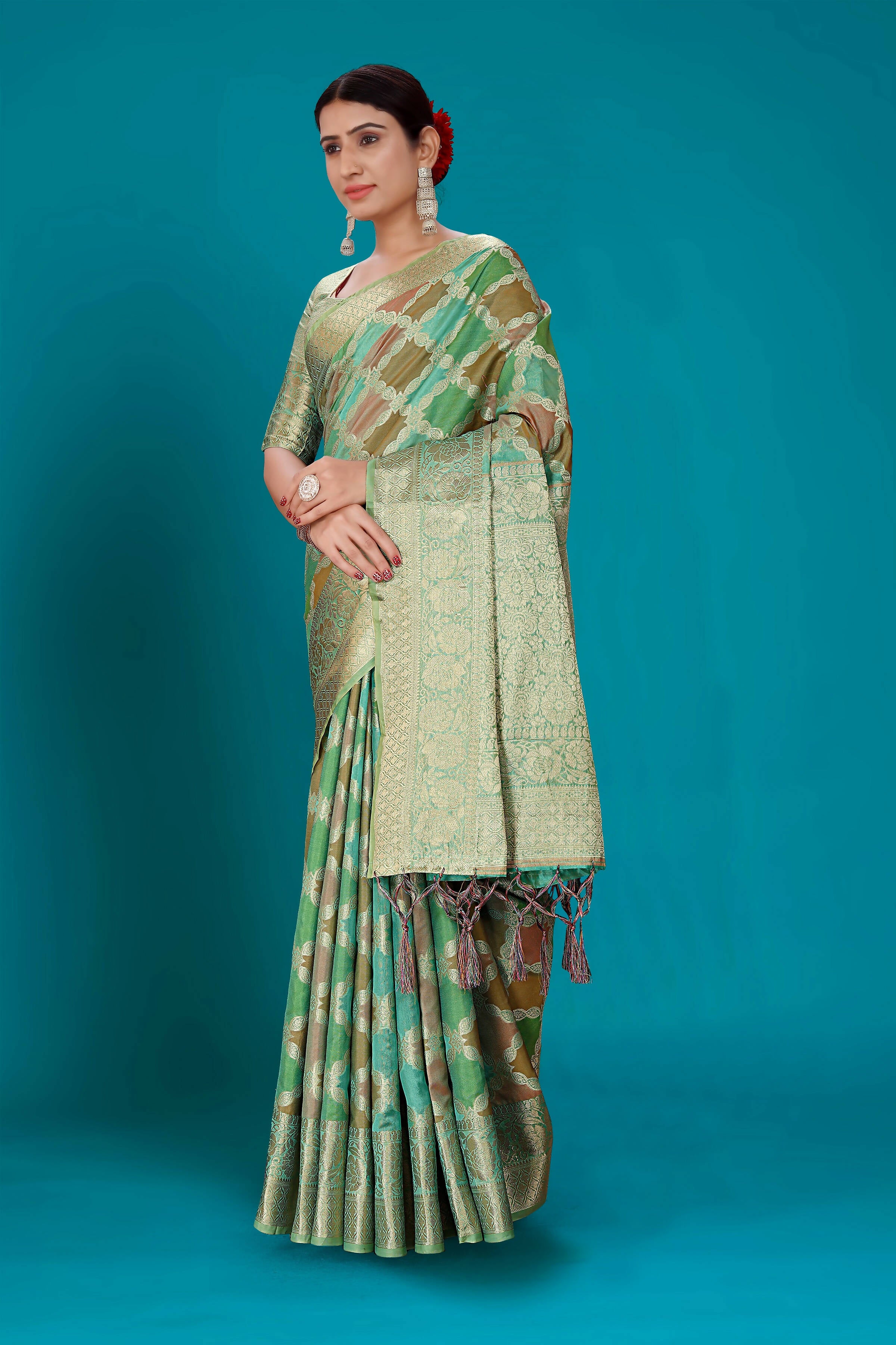 Sea Green Soft Organza Woven Design Saree with Unstitched Blouse Piece - Zaara - Distacart