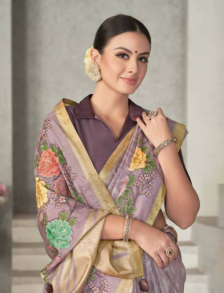 Lavendar Rangkat Tussar Silk Woven Design Saree with Unstitched Blouse - Mohmanthan Eshani - Distacart