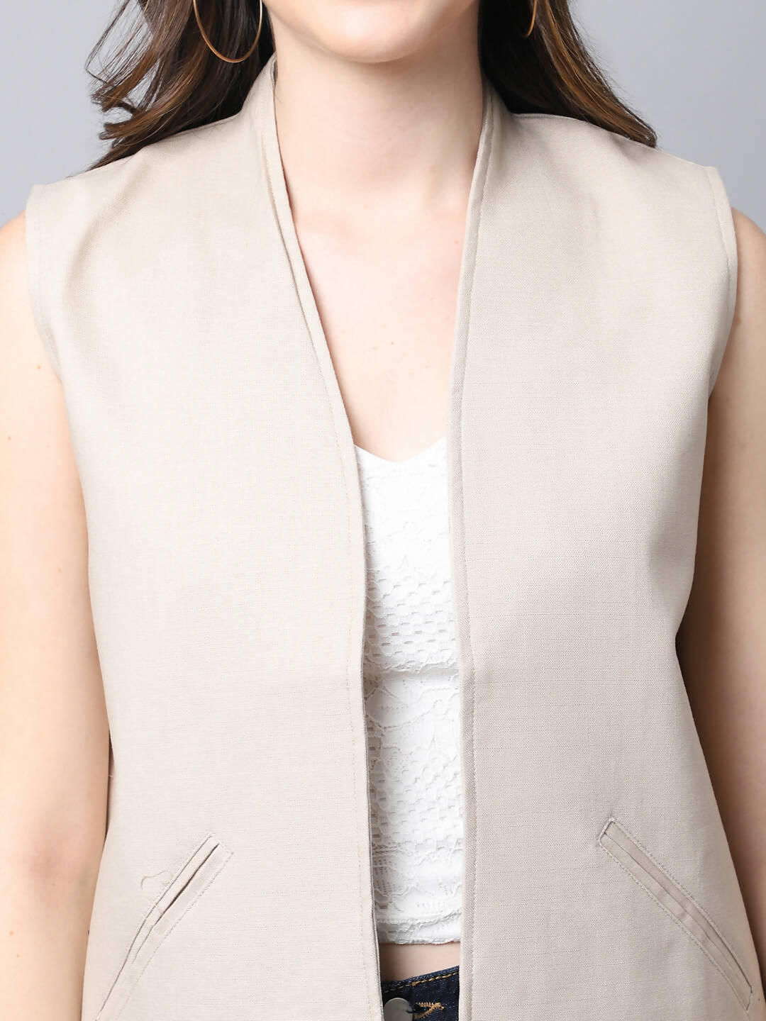 Even Apparels Cream Linen Cotton Open Front Women's Waistcoat - Distacart