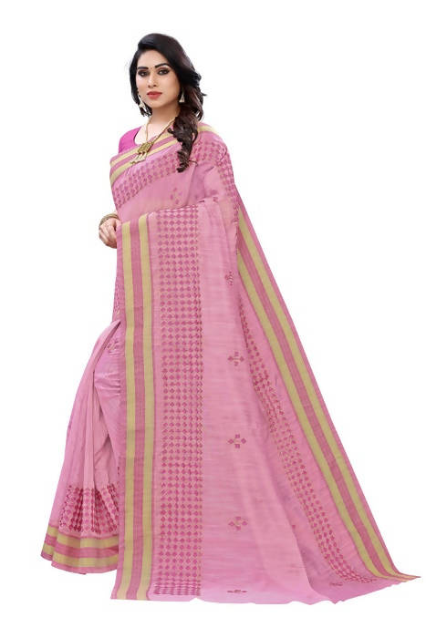Vamika Embroidery Pink Chanderi Saree (MINI CHECKS BLUE)