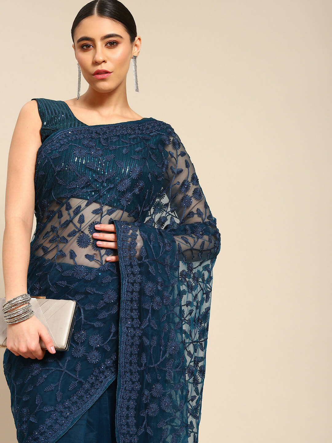 Blue Woven Design Net Saree with Blouse Piece - Kalamkari - Distacart