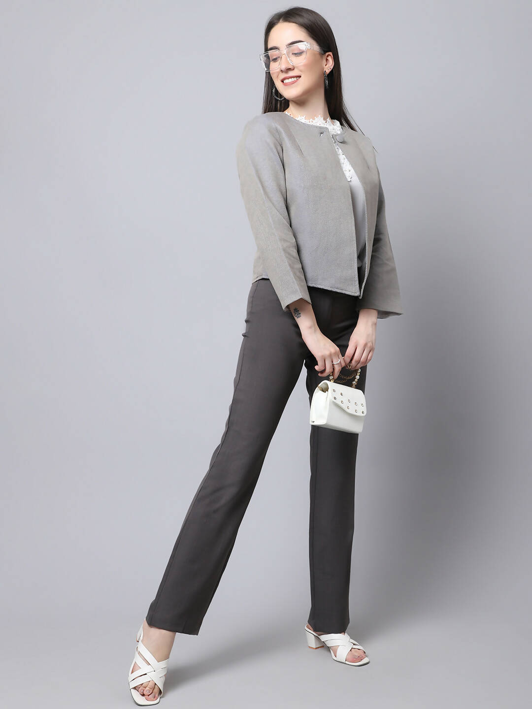 Even Apparels Grey Polywool Open Front Statement Women's Jacket (BF006) - Distacart