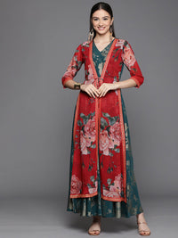Thumbnail for Ahalyaa Women's Green Crepe Gold Smoke Printed Dress - Distacart