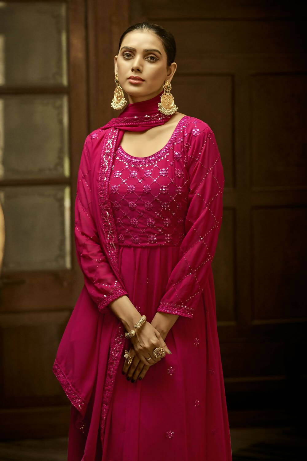 Pink Heavy Faux Georgette Anarkali Embroidered Kurta Set - Dhvani - Distacart