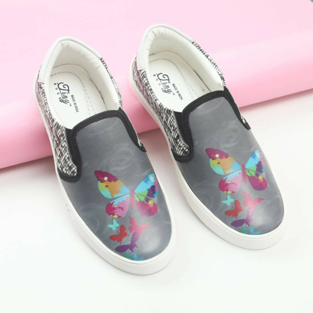 Tiny Bugs Girls Butterfly Print Slip Ons Sneakers - Dark Grey - Distacart