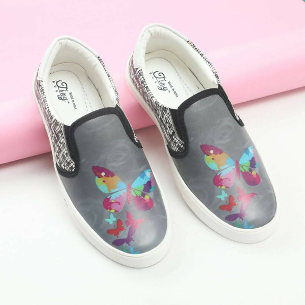 Tiny Bugs Girls Butterfly Print Slip Ons Sneakers - Dark Grey - Distacart