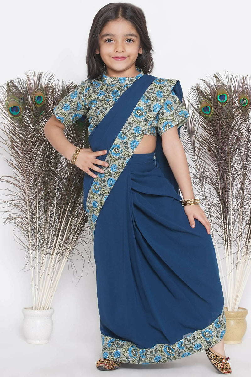 Little Bansi Floral Print Ready To Wear Saree And Floral Blouse - Blue - Distacart