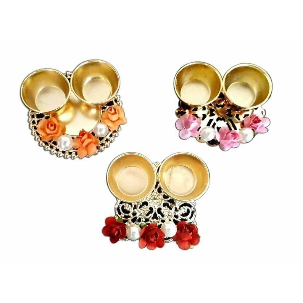 Fancy Haldi Kumkum Holder With Flowers and Pearls - 1 Piece - Distacart