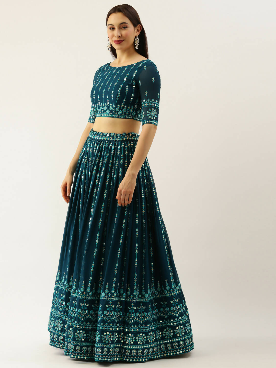 House of Panchhi Women Teal Georgette Sequins Work Lehenga & Blouse with Dupatta - Distacart