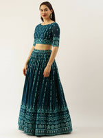 Thumbnail for House of Panchhi Women Teal Georgette Sequins Work Lehenga & Blouse with Dupatta - Distacart