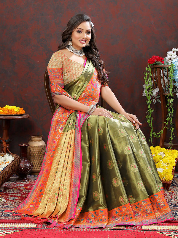 Lorenvalley Fashion Mehndi Kanjivaram Silk Woven Design with Zari Weaving Saree - Distacart