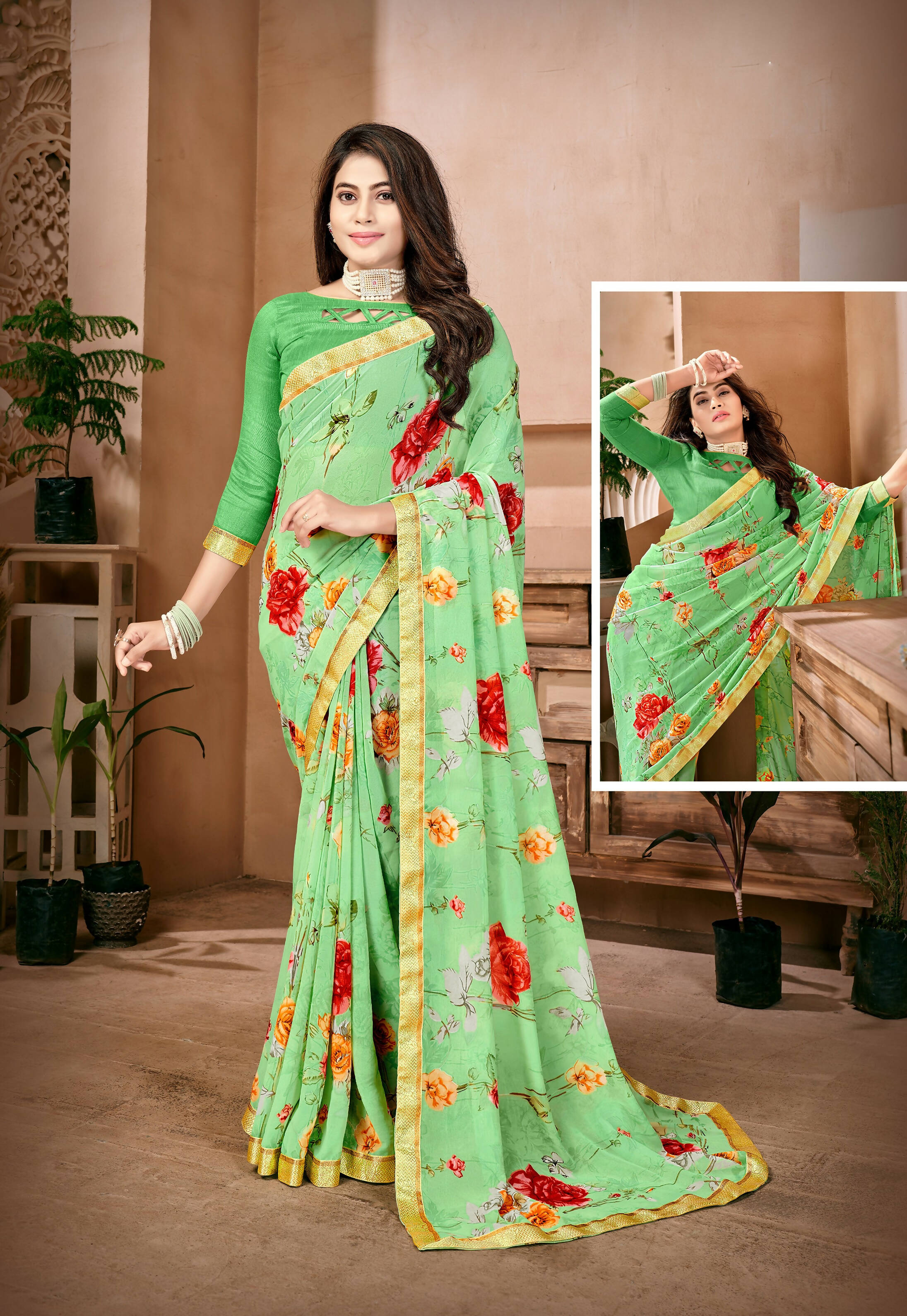 Green Georgette Floral Printed Saree With Unstitched Blouse Piece - Jyoti - Distacart