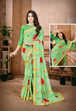 Thumbnail for Green Georgette Floral Printed Saree With Unstitched Blouse Piece - Jyoti - Distacart