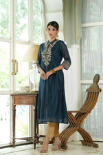 Thumbnail for Juniper Blue Chanderi Festive Embroidered Polka Dot Printed A-Line Kurta For Women - Distacart