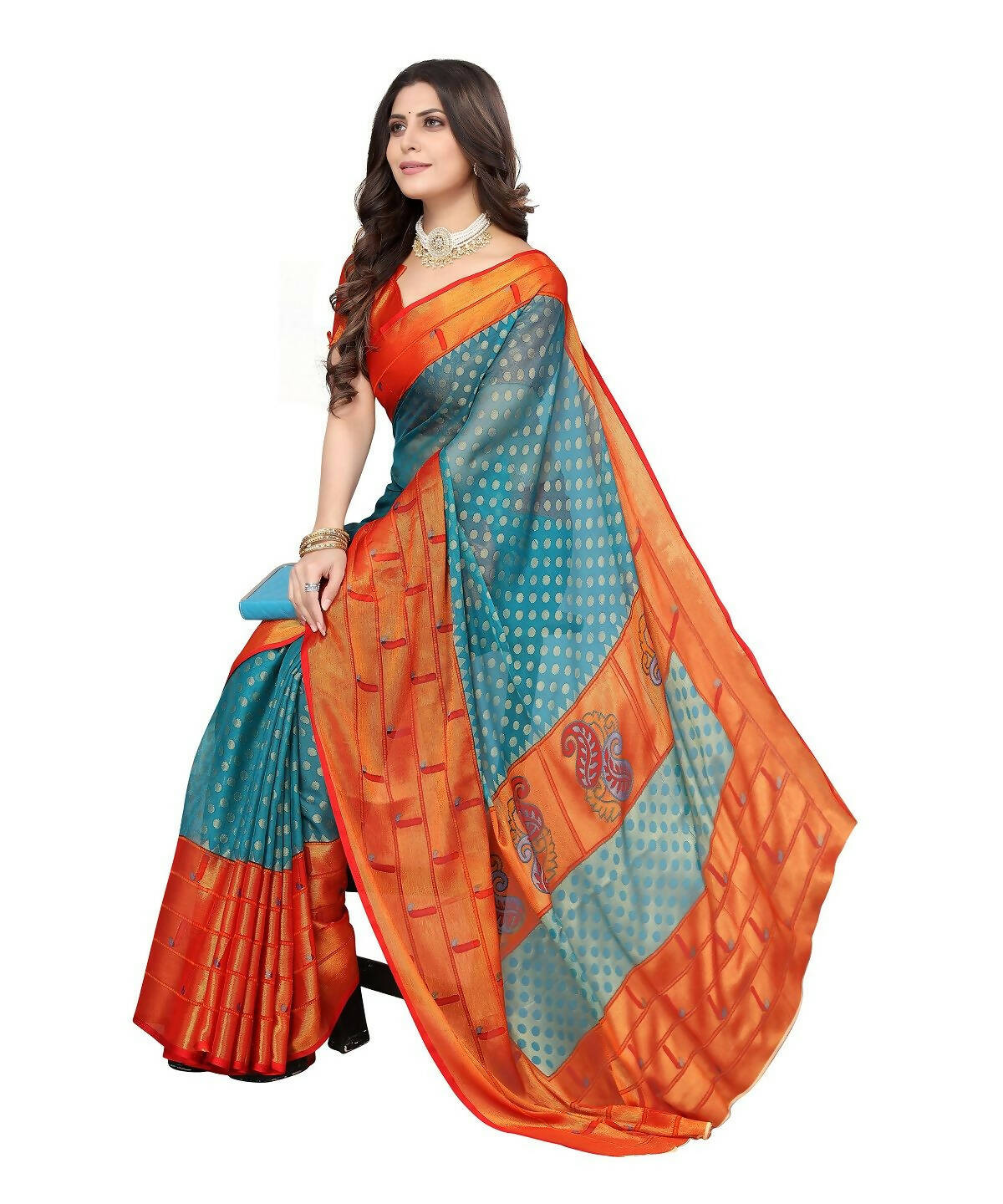 Vamika Sky Blue Chiffon Brasso Bollywood Style Woven Saree (DIMPLE SKY BLUE) - Distacart