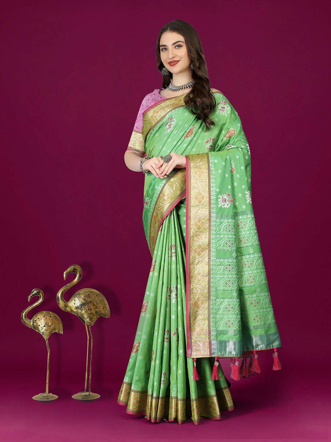 Lorenvalley Fashion Parotgreen Patola Silk Woven Design Zari Meenakari Weaving Saree - Distacart