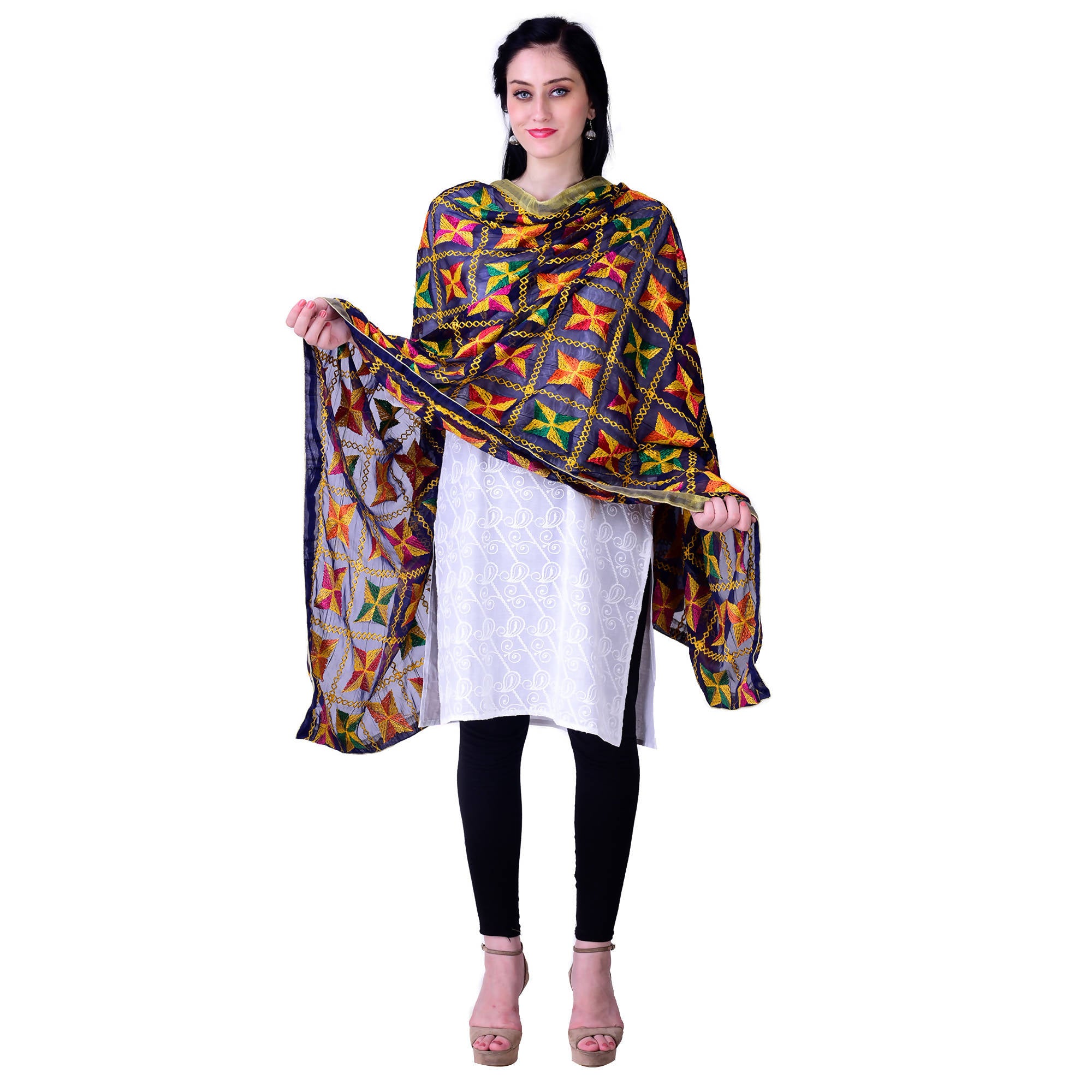 SWI Stylish Women's Embroidered Phulkari Chiffon Navy Blue Dupatta
