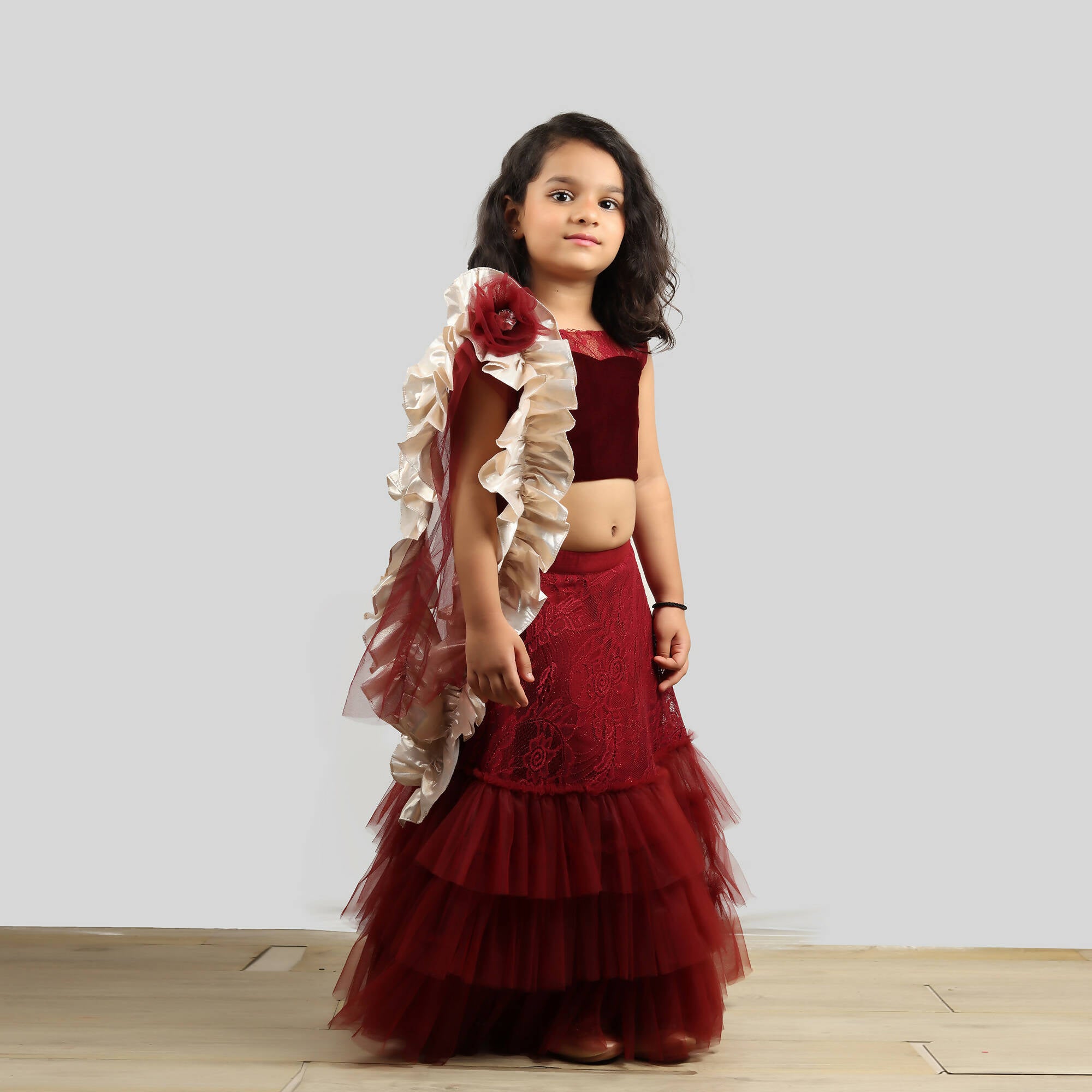 Pink Cow Fashions Velvet Choli With Net Ghagra & Frill Dupatta - Distacart