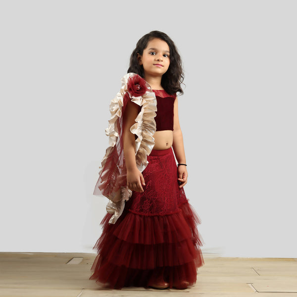 Pink Cow Fashions Velvet Choli With Net Ghagra & Frill Dupatta - Distacart