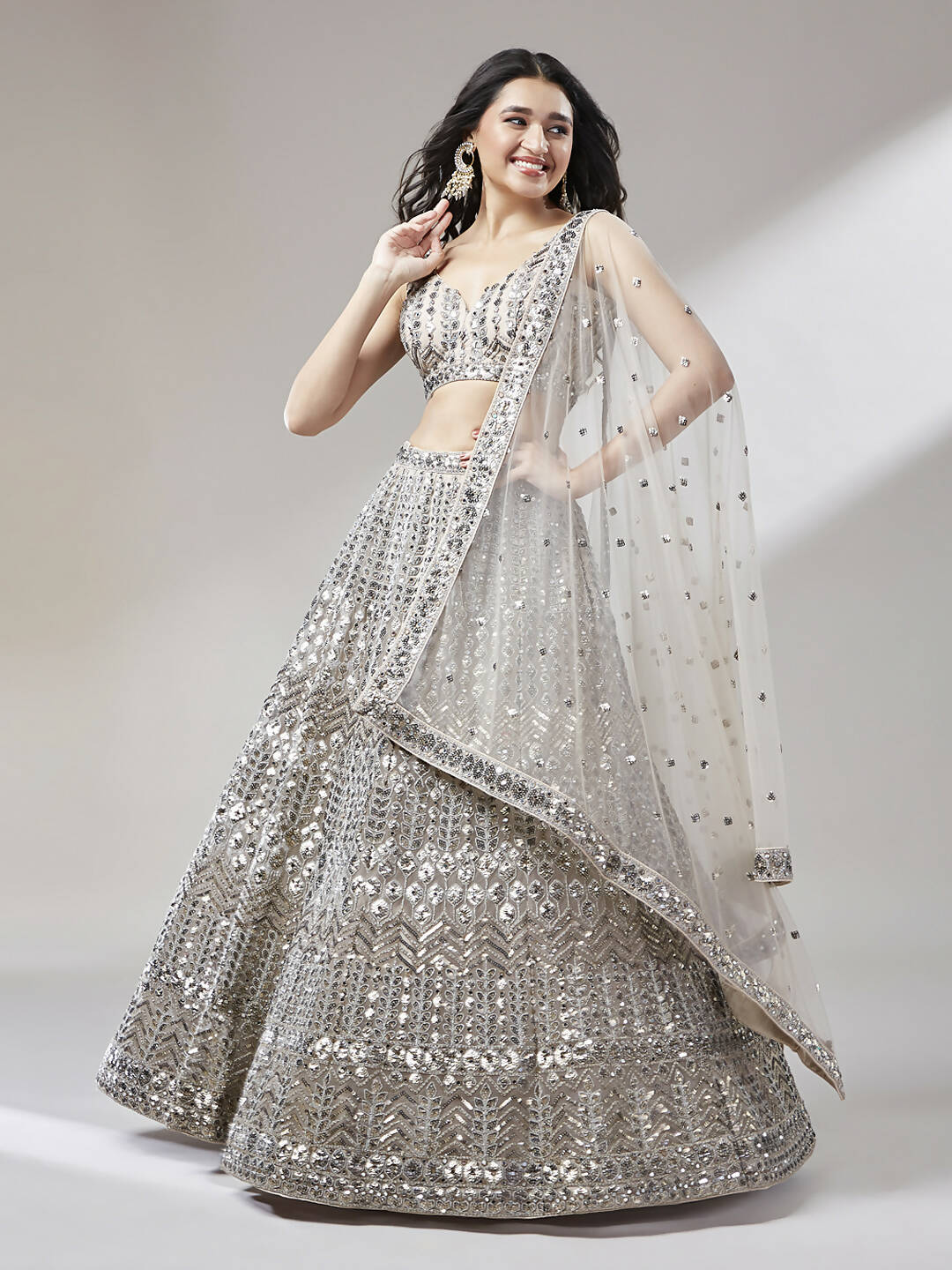 House of Panchhi Beige - Net Mirror & Sequins Embroiderey Lehenga choli - Distacart
