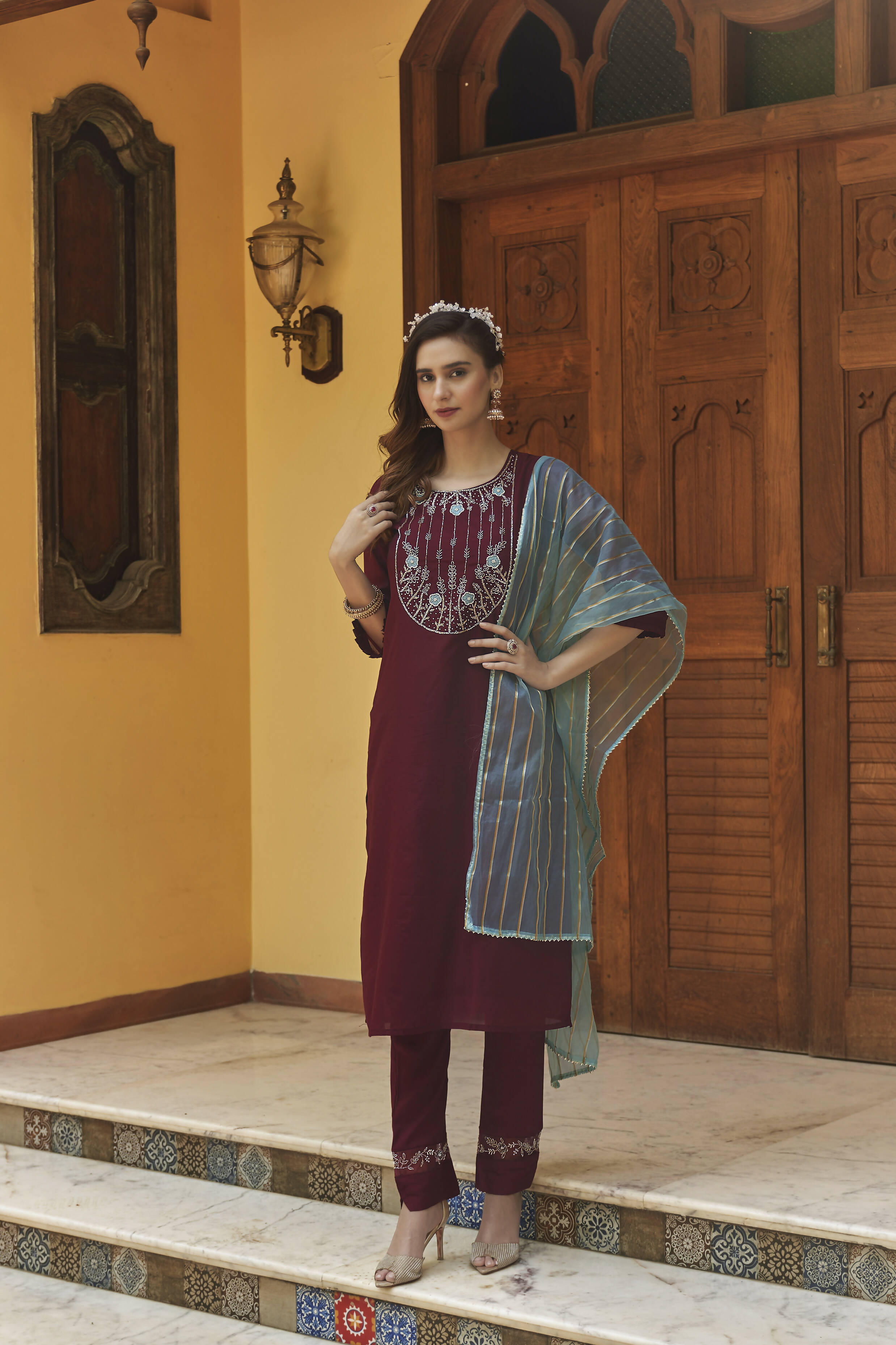 Wine Chinon Embroidered Kurta and Bottom with Dupatta - Akashara - Distacart