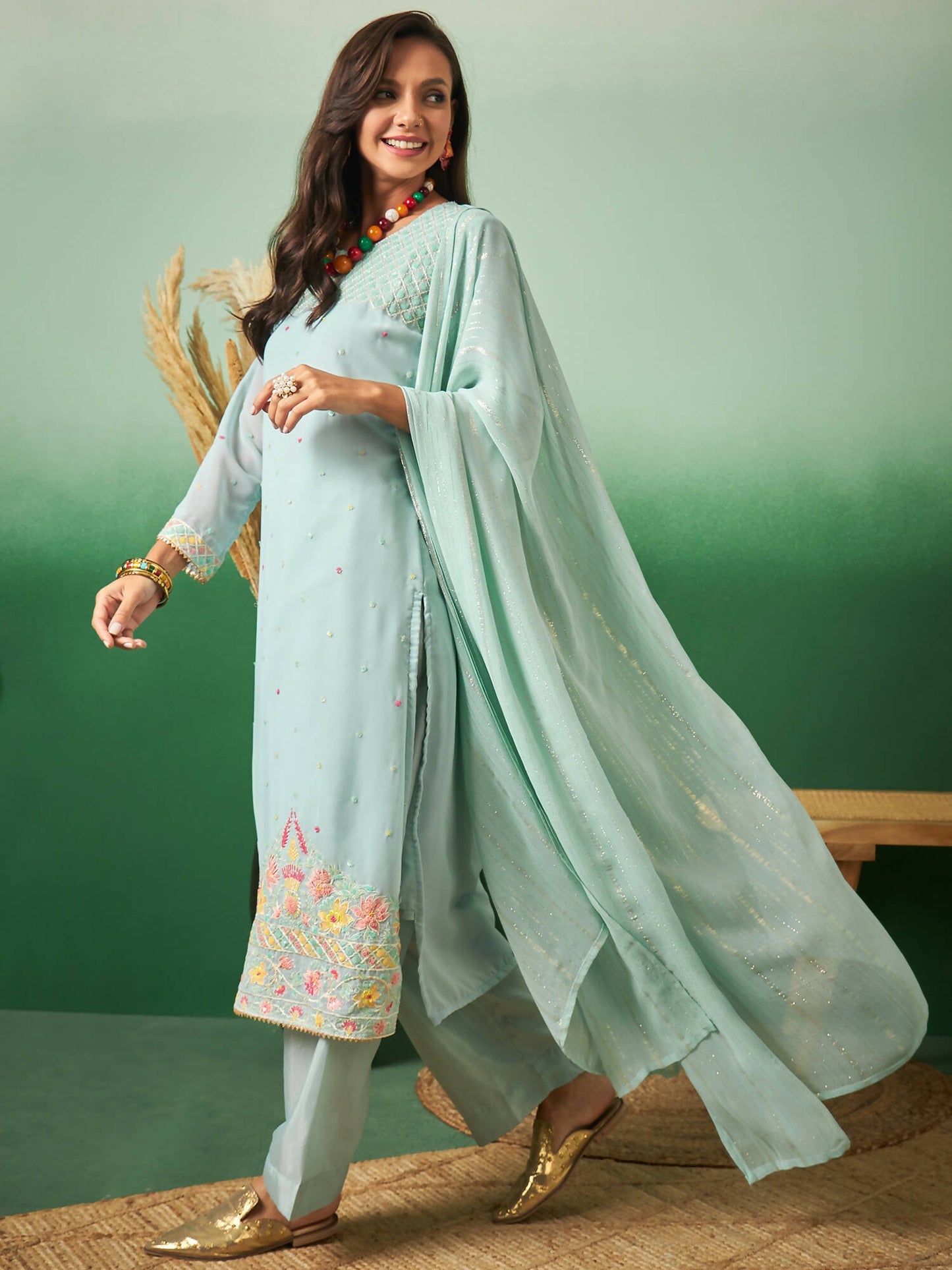 Sky Blue Georgette Handwork Unstitched Dress Material - Hanika - Distacart