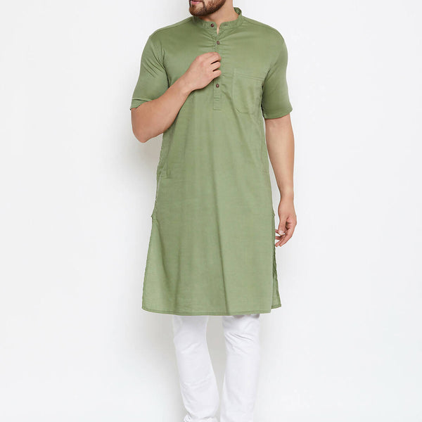 Even Apparels Green Color Pure Cotton Men's Kurta With Band Collar - Distacart