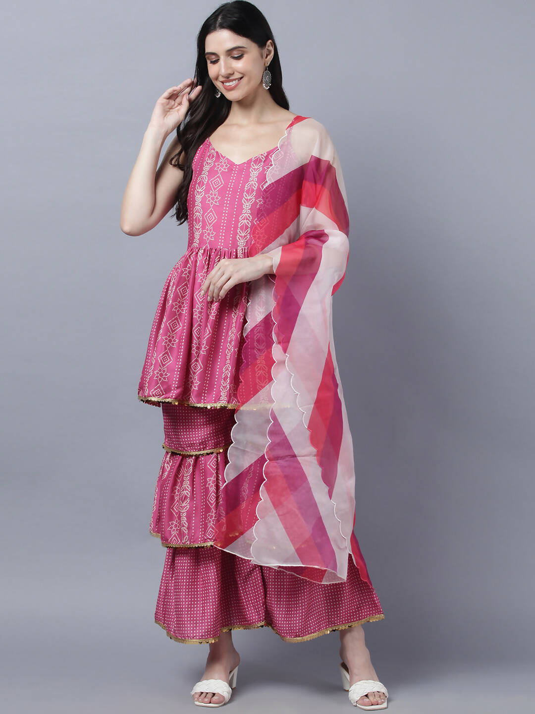 Myshka Stylish Pink Sleeveless Women's Kurta Sharara with Dupatta Set - Distacart