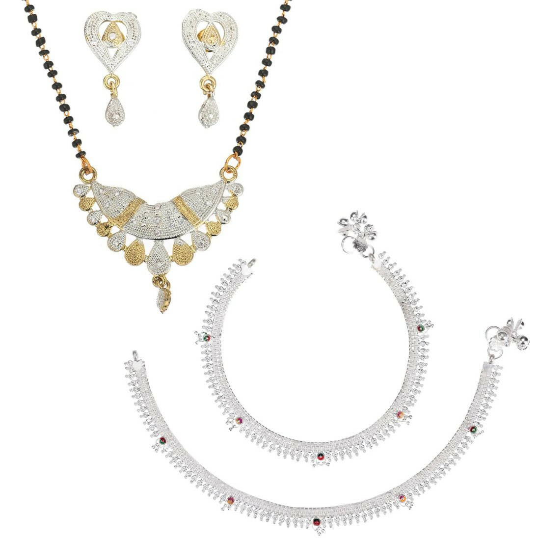 AanyaCentric Gold-plated Mangalsutra Pendant Earring Set & Silver Plated Anklet - Distacart