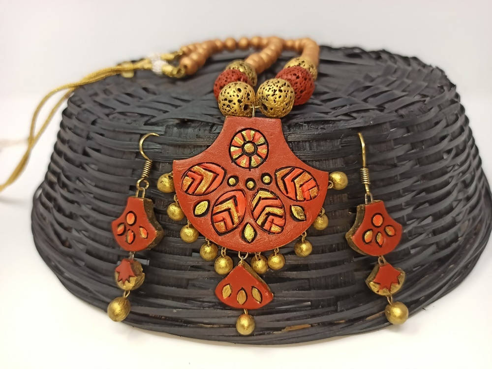 Terracotta Modern Long Necklace Set With Hangings-Indian Red And Gold