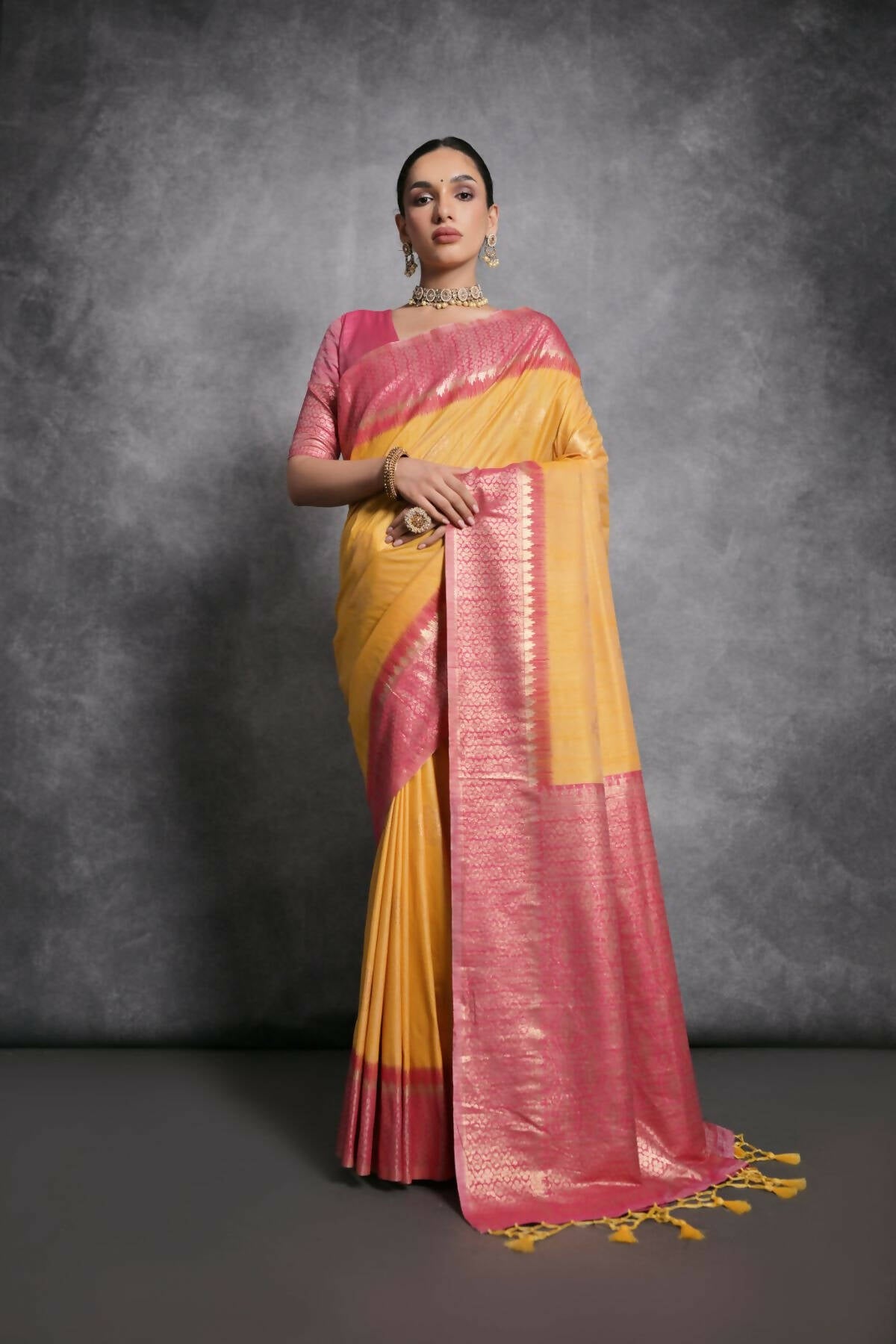 Vishnu Weaves Women's Yellow Tussar Silk Zari Woven Saree with Blouse - Distacart